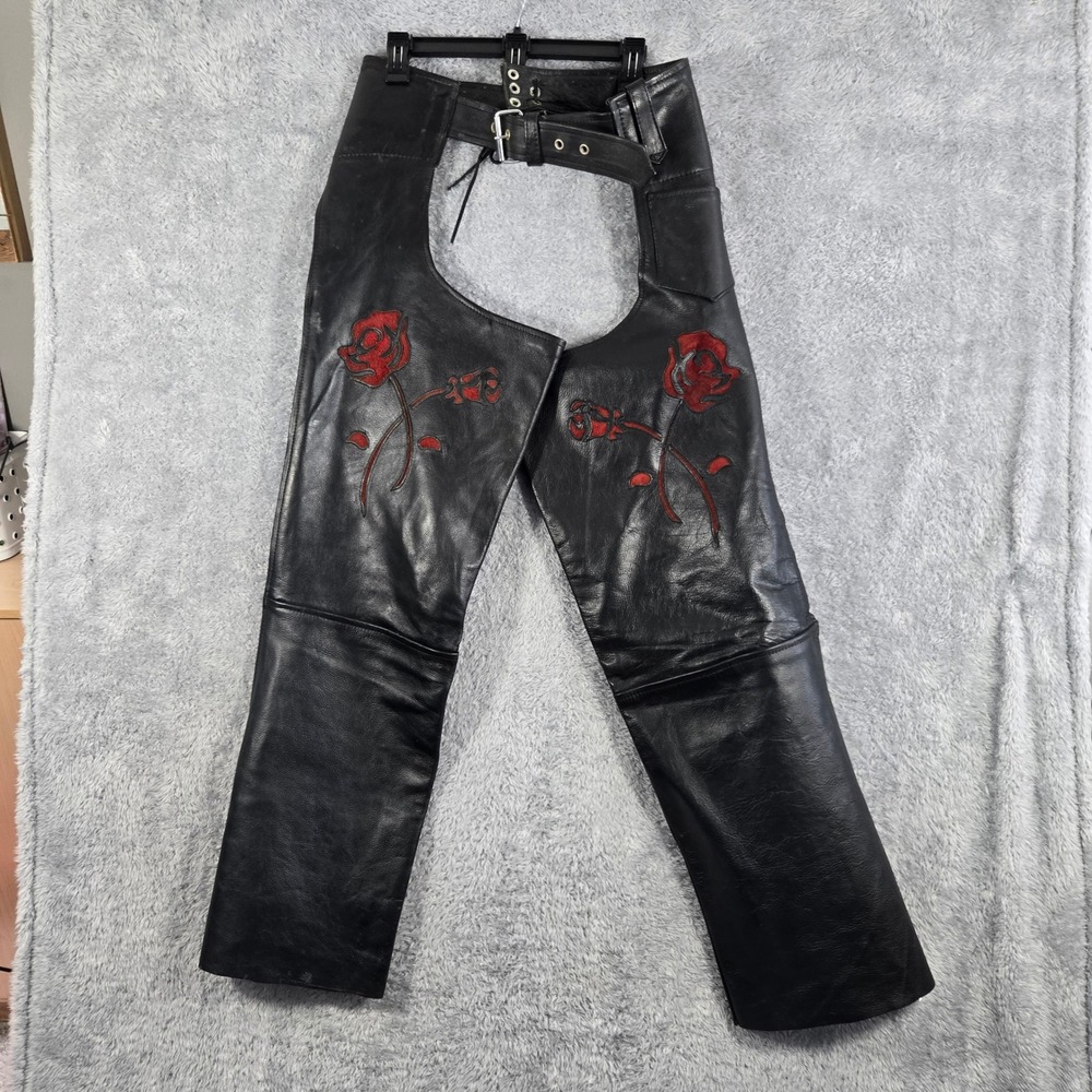 First Genuine Leather Womens Black Motorcycle Chaps Red Rose Embroidered Size M